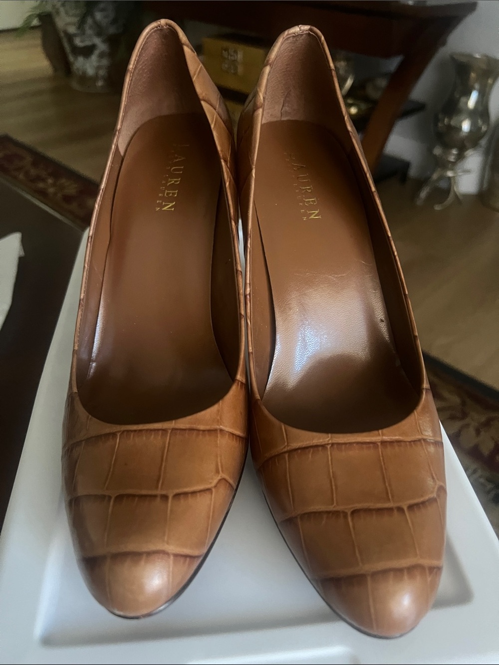 Lauren Ralph Lauren Cognac Croc-Embossed Pointed-Toe Pumps